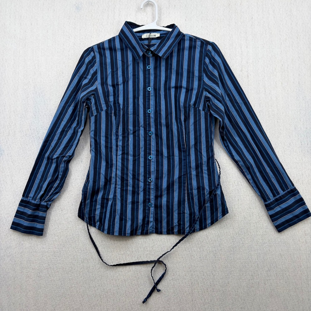 Design by Si Women Blue Striped Button Down Shirt Long Sleeve Tie Waist Office